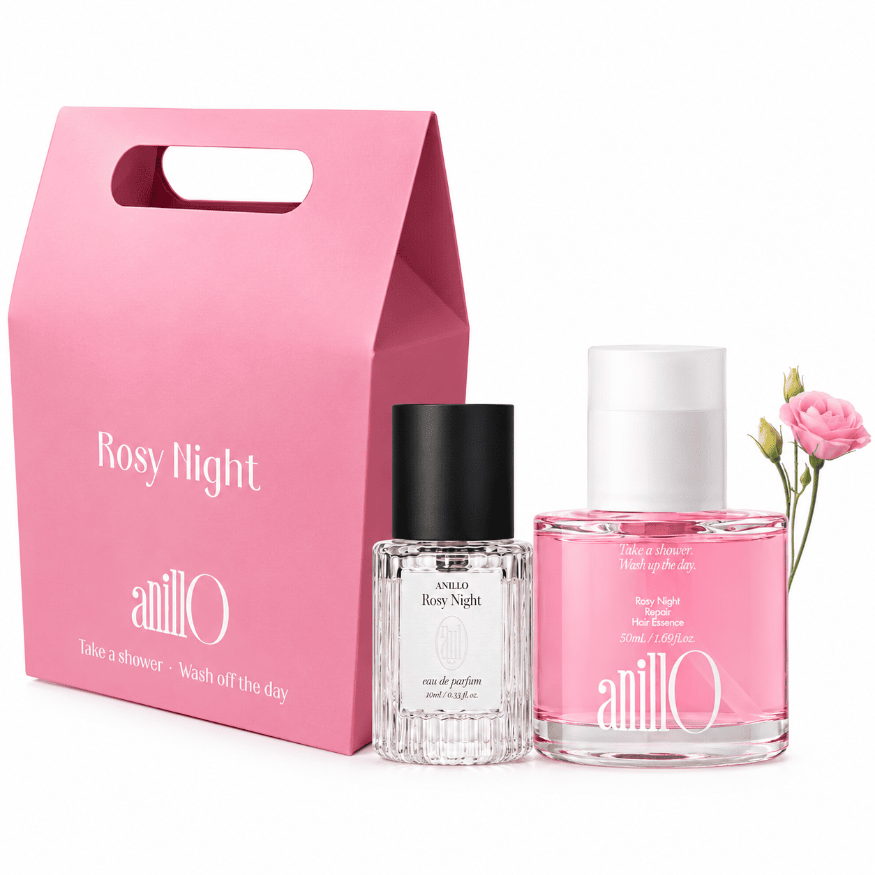 Anillo Rosy Night — Набор (восстанавливающая эссенция для волос 50 мл, парфюмированная вода 10 мл) Набор